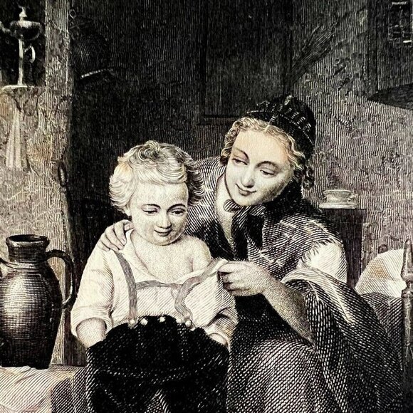 Childs First Pants Steel Engraving 1859 Victorian Family Life Art DWY5C